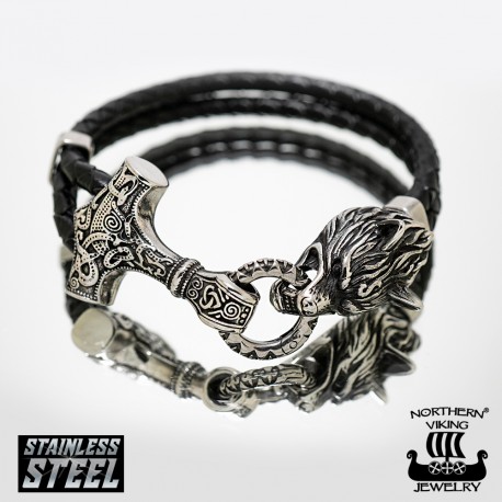 Northern Viking Jewelry®-Rannekoru "Thor's Hammer Wolf Bracelet"